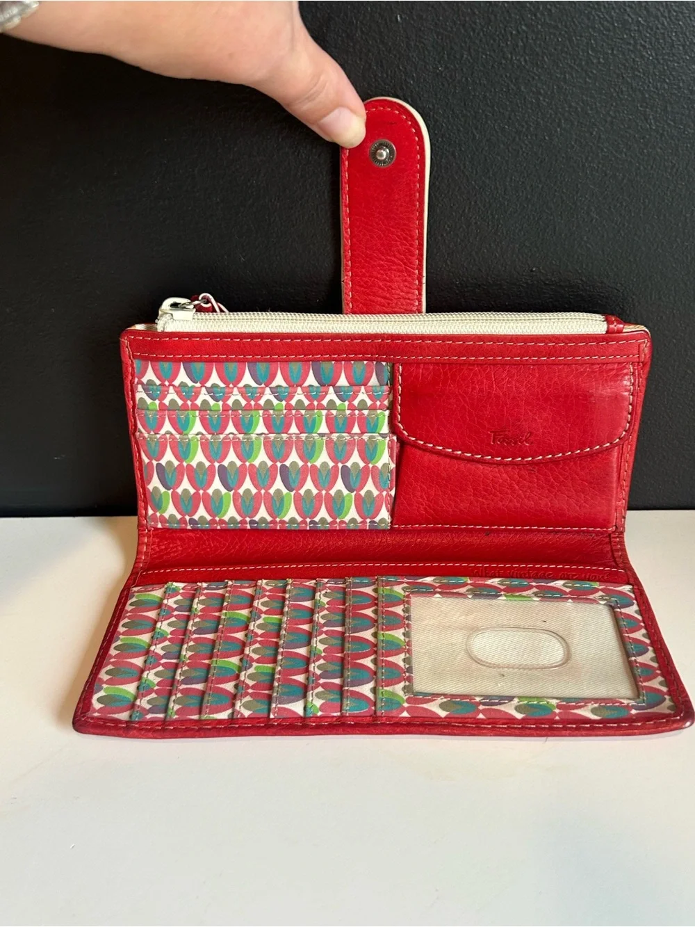 Fossil Red Genuine Leather Organizer Wallet Retro Y2K Zip Pocket